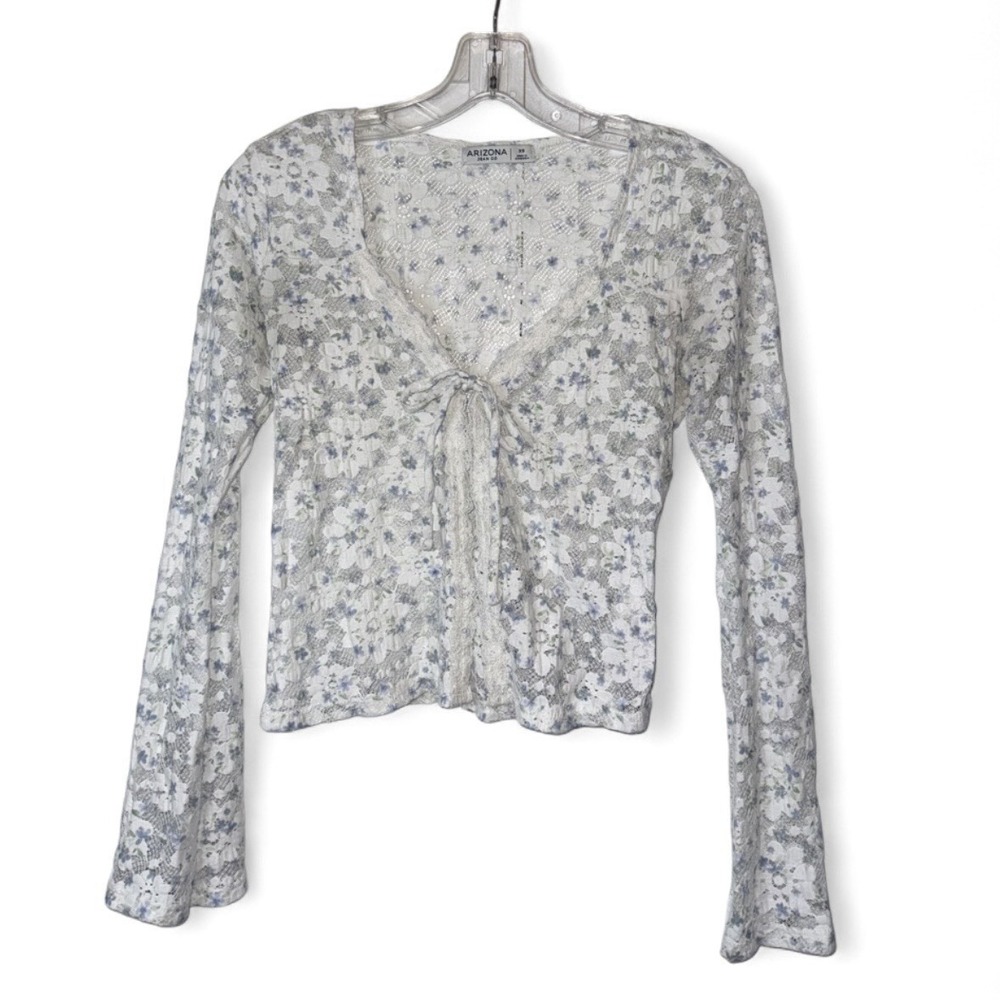 Y2K Floral Lace Top Womens XS Tie Front Bell Sleeve Fairycore Coquette Sheer